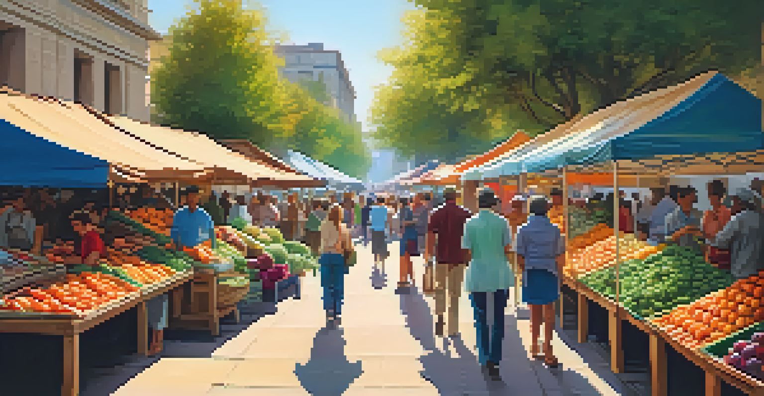 A lively street market with colorful stalls of fresh produce and people shopping, illuminated by warm sunlight.