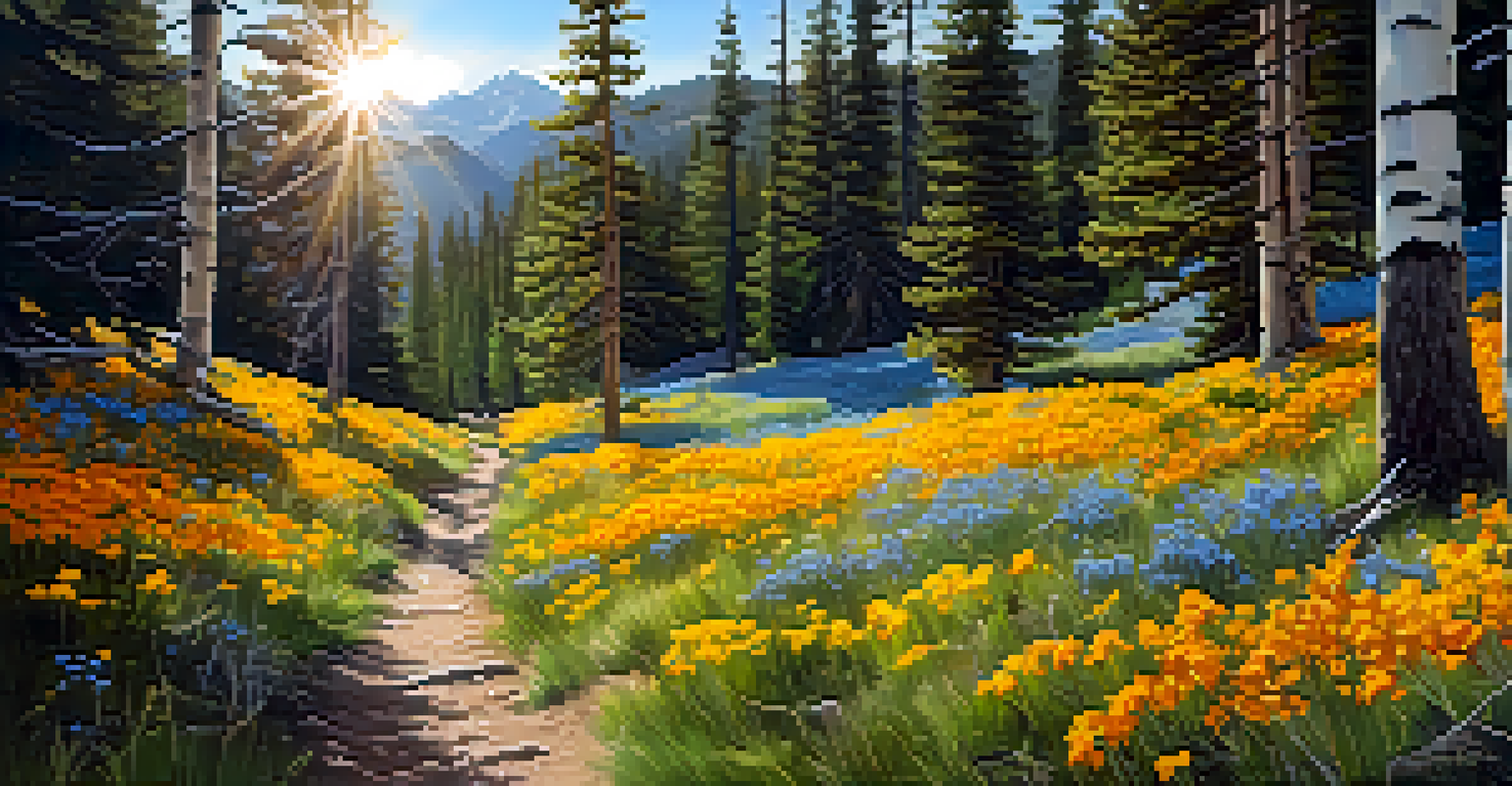 A tranquil forest scene on Cougar Crest Trail filled with blooming wildflowers.