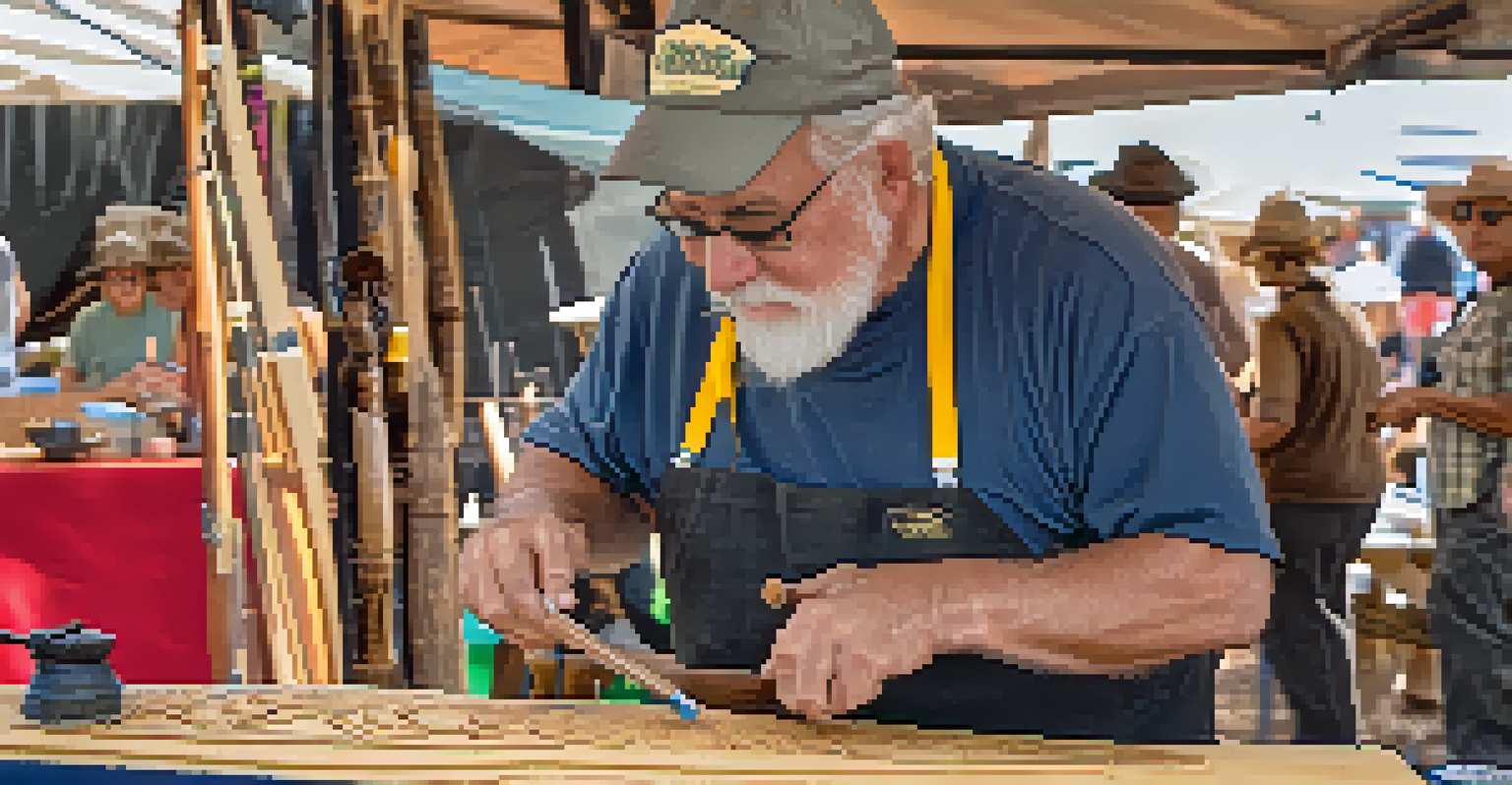 A local artisan demonstrating wood carving at Big Bear's Heritage Festival with festival-goers watching.