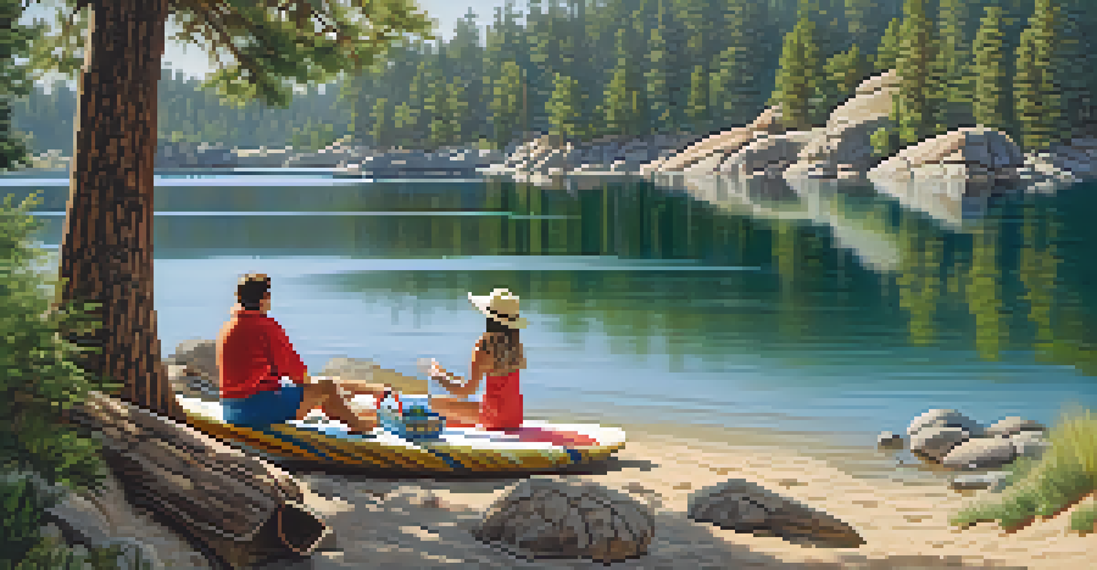 A hidden cove at Big Bear Lake with a sandy beach, picnic setup, and paddleboarders in the calm waters.