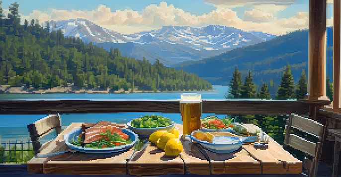 An outdoor dining setting with a wooden table filled with colorful dishes and a view of the mountains in Big Bear.