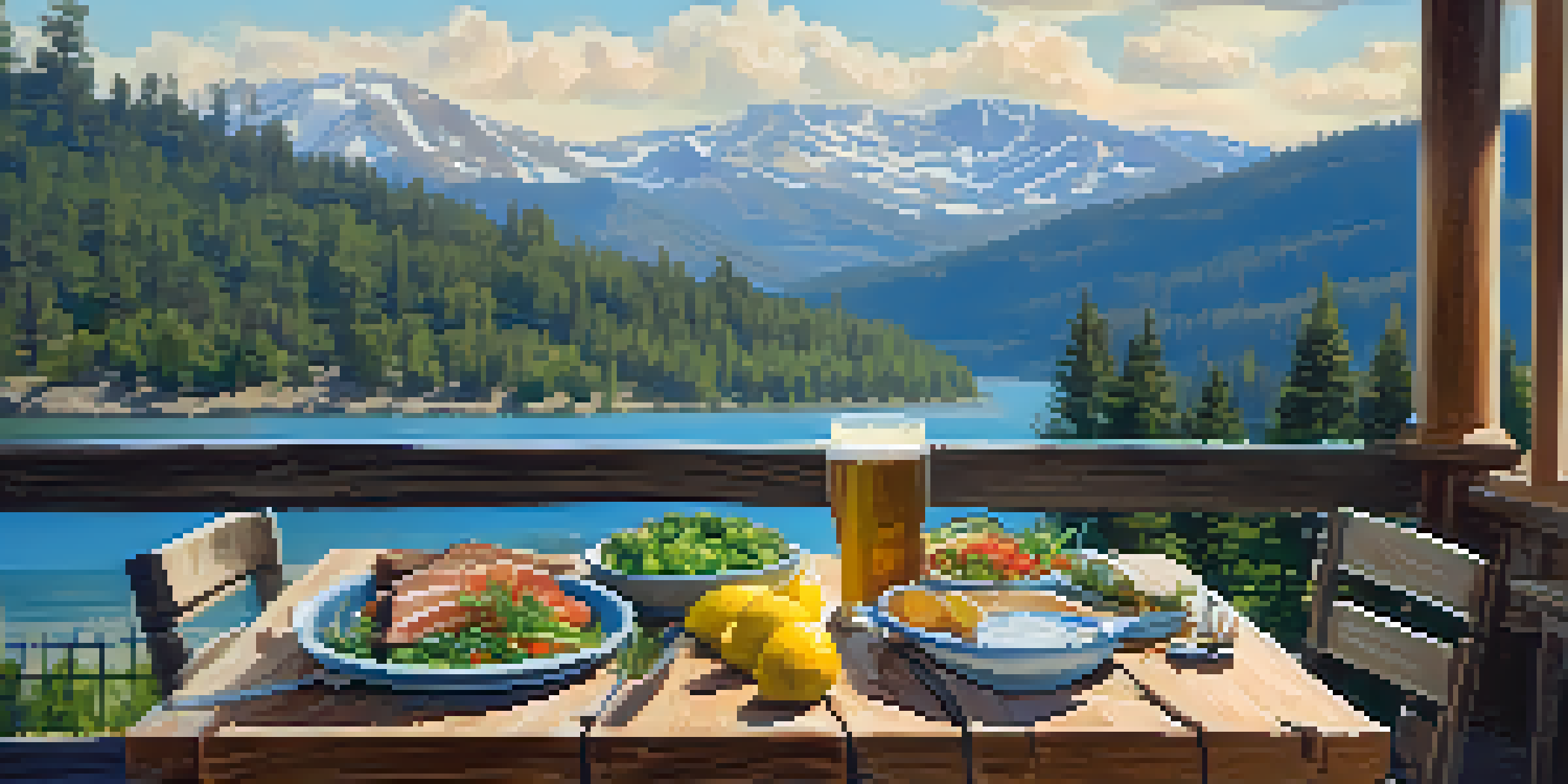 An outdoor dining setting with a wooden table filled with colorful dishes and a view of the mountains in Big Bear.