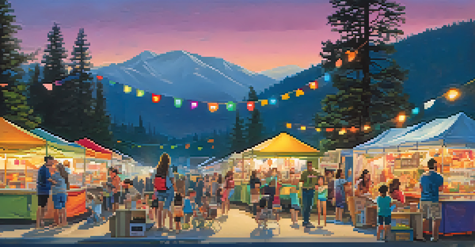 A family at a night market with children playing games and food trucks in the background.