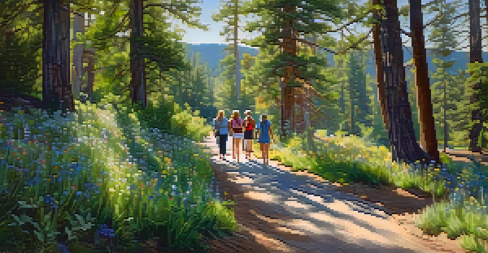 A diverse group of people walking along a wooded trail in Big Bear, surrounded by greenery and flowers, with sunlight filtering through the trees.