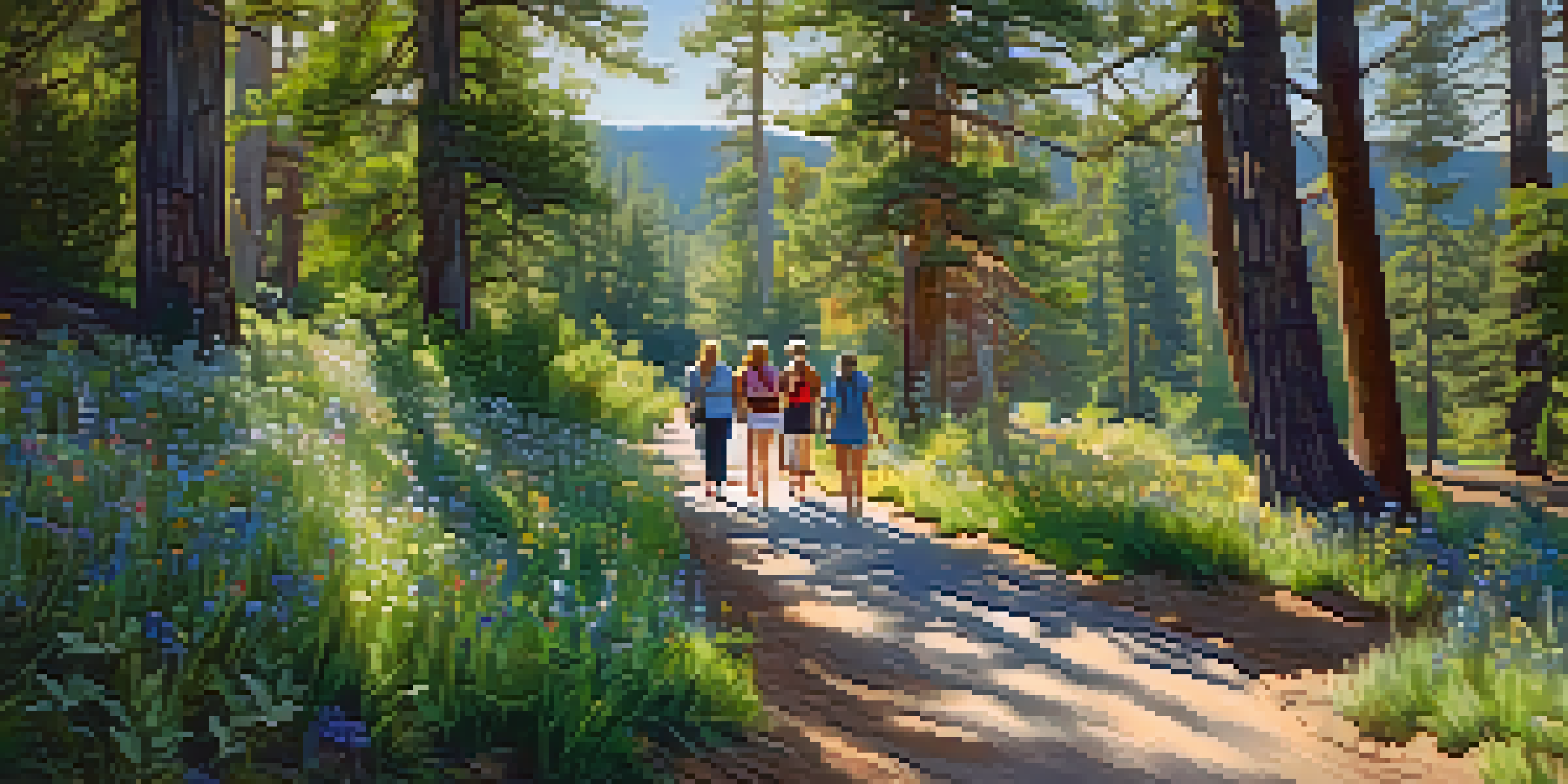 A diverse group of people walking along a wooded trail in Big Bear, surrounded by greenery and flowers, with sunlight filtering through the trees.
