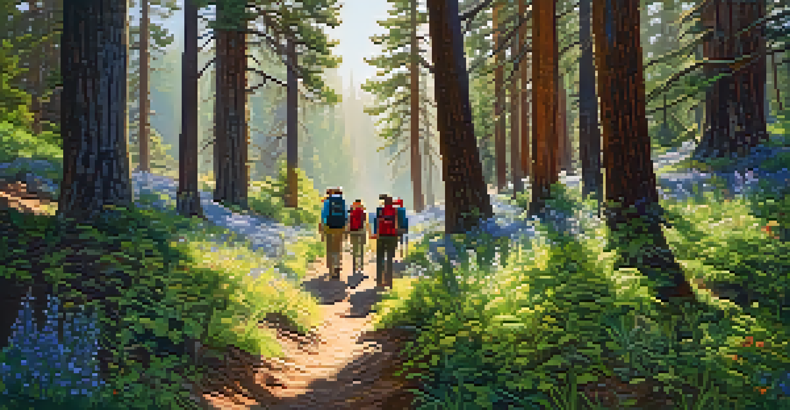 A group of happy hikers walking on a forest trail in Big Bear, with sunlight filtering through the trees and vibrant wildflowers.