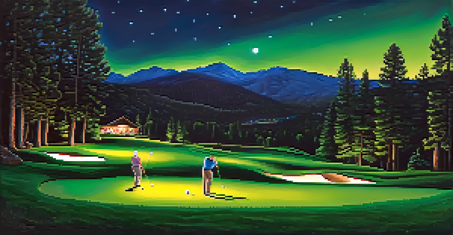 Golfers playing at night with illuminated greens and a starry sky at Big Bear.