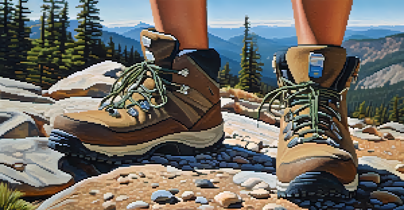 A close-up of hiking boots on a rocky trail, showing the rugged terrain of Cougar Crest Trail in the background.