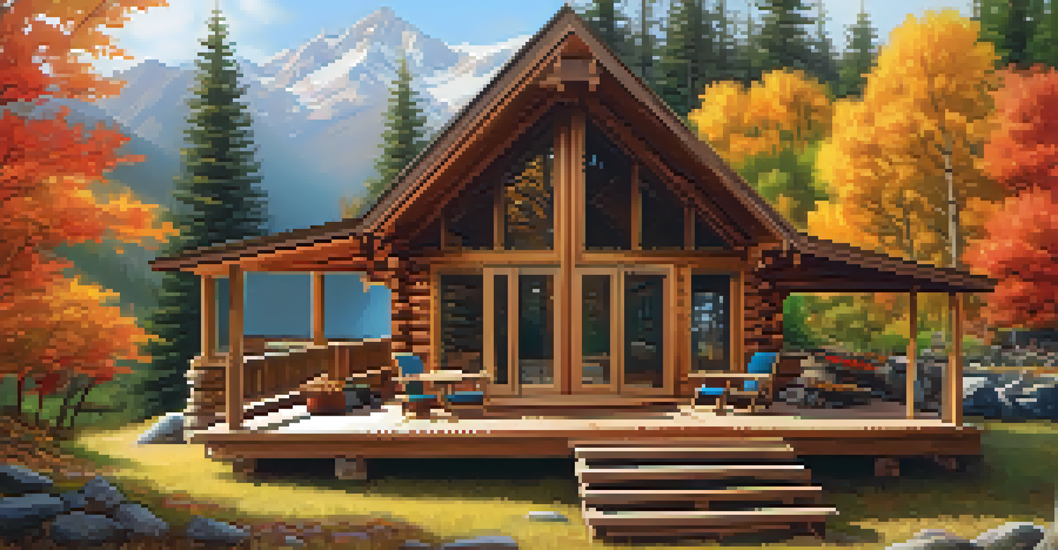 A rustic yoga retreat cabin in the mountains with autumn leaves, featuring yoga mats and warm tea.
