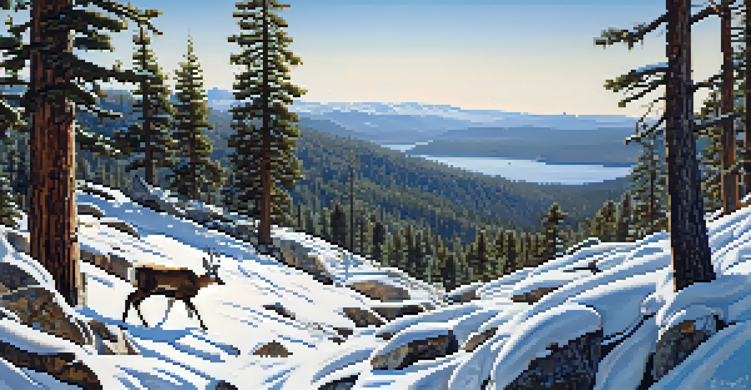 A snowshoe hiker on a trail surrounded by snow-covered trees and rocks, with a deer in the foreground and a lake visible in the distance.