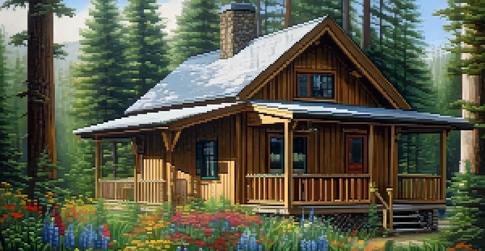 A rustic cabin surrounded by trees and wildflowers, featuring a porch with a grill, embodying a serene natural setting.