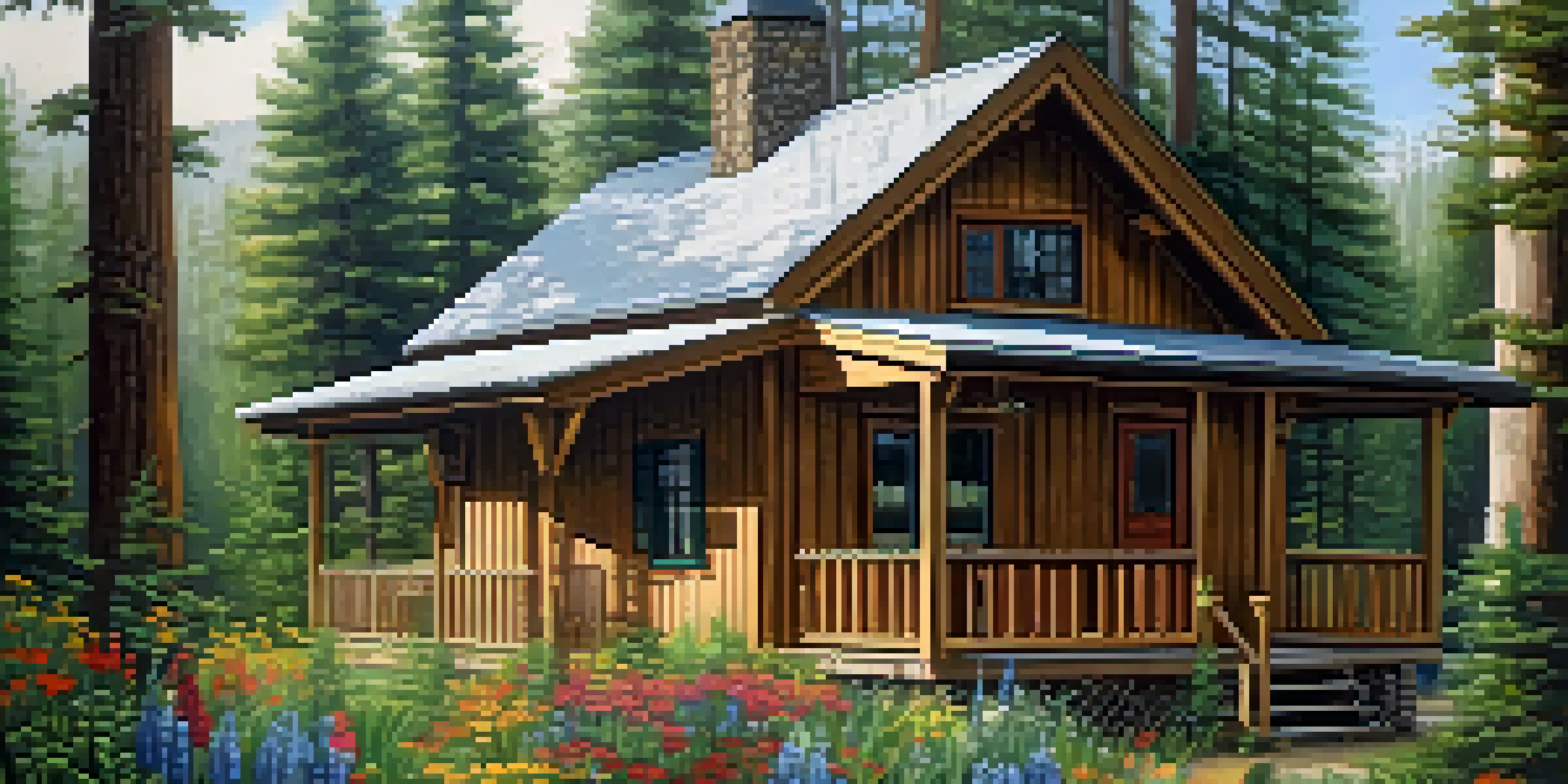 A rustic cabin surrounded by trees and wildflowers, featuring a porch with a grill, embodying a serene natural setting.