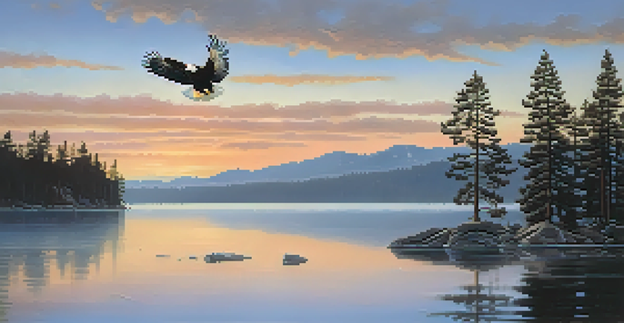 A beautiful sunrise over Big Bear Lake with mist rising from the water and a bald eagle soaring in the sky.