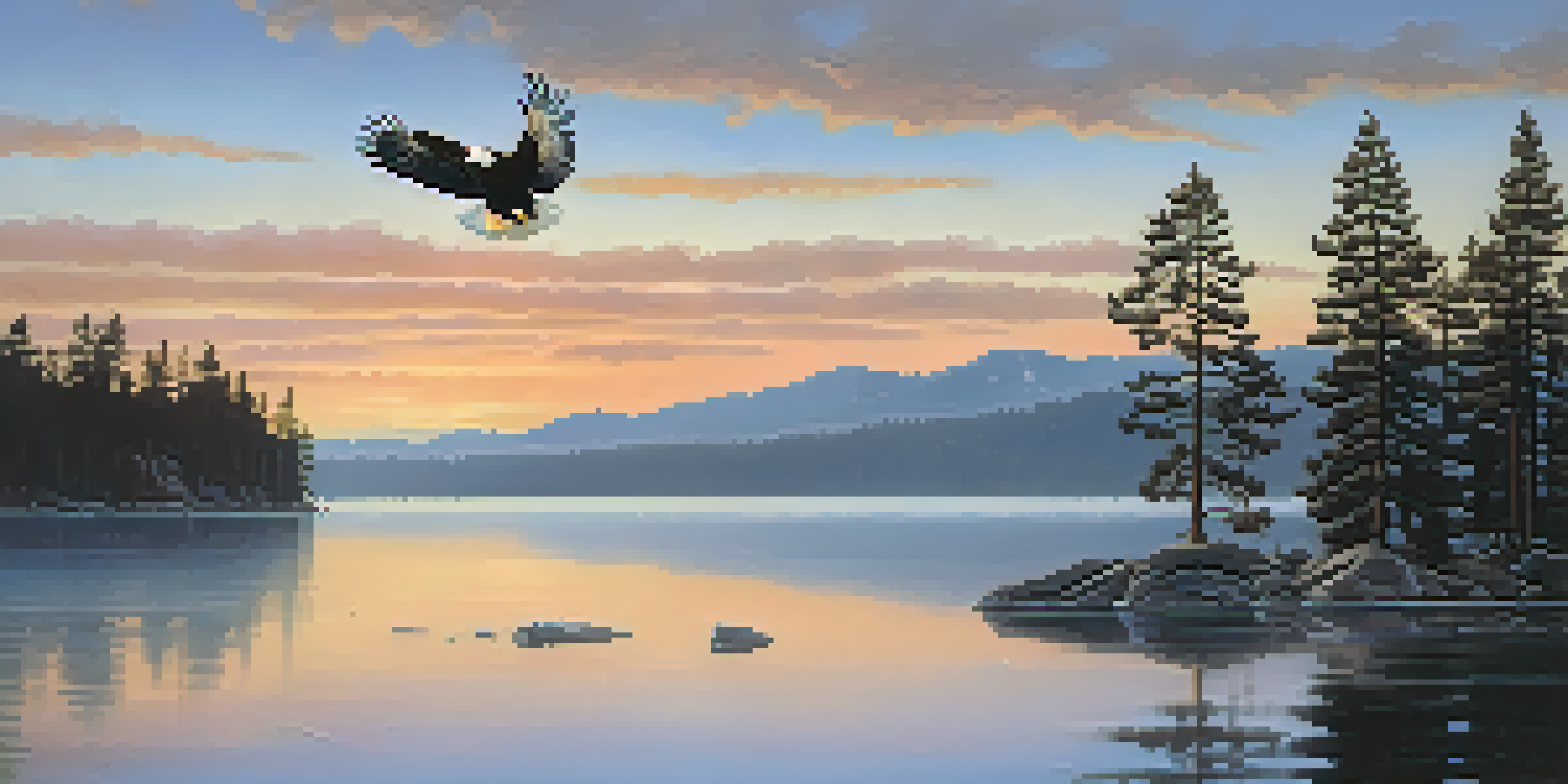 A beautiful sunrise over Big Bear Lake with mist rising from the water and a bald eagle soaring in the sky.