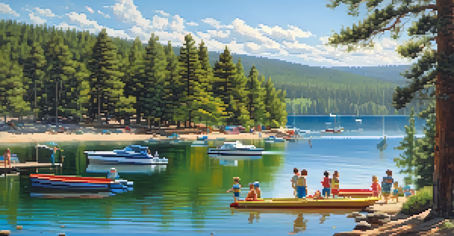 A vibrant summer scene at Big Bear Lake with families and children enjoying the beach and boating activities.