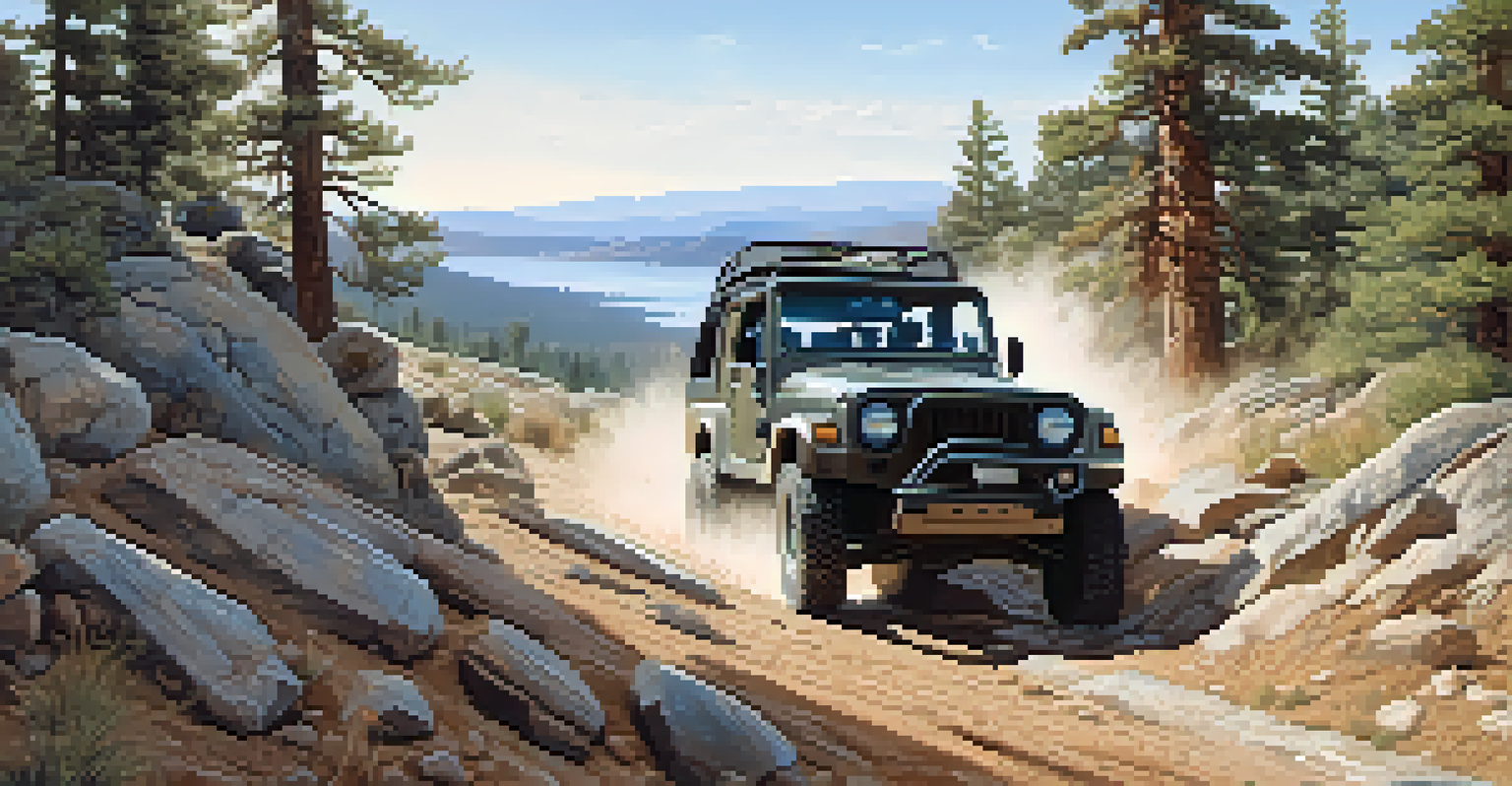 An off-road vehicle navigating a rocky incline on John Bull Trail, with a group of adventurers assisting in the background and views of Big Bear Lake.