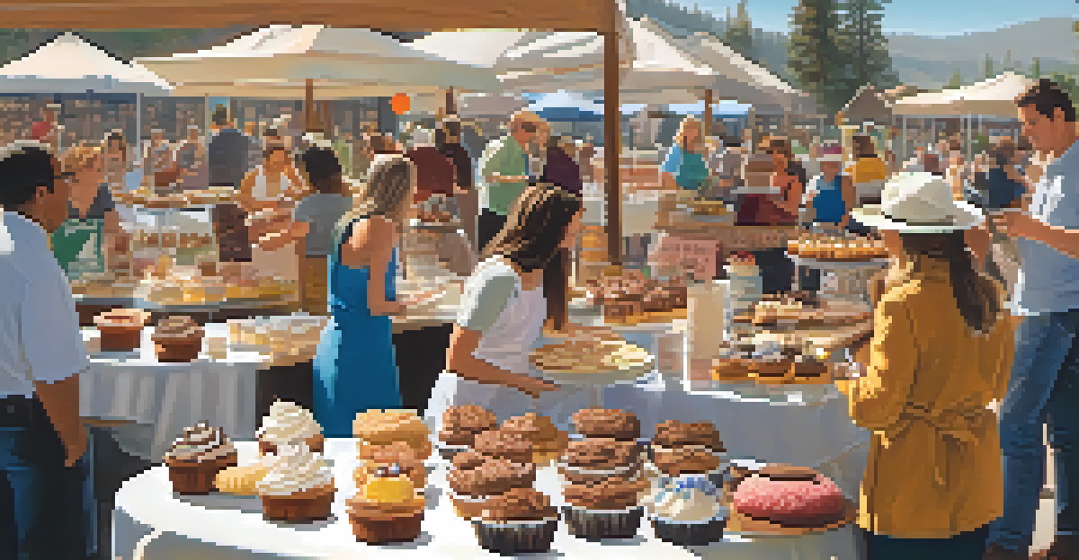 A delightful display of desserts at Big Bear's Dessert Festival, with people participating in baking workshops in a warm and inviting environment.