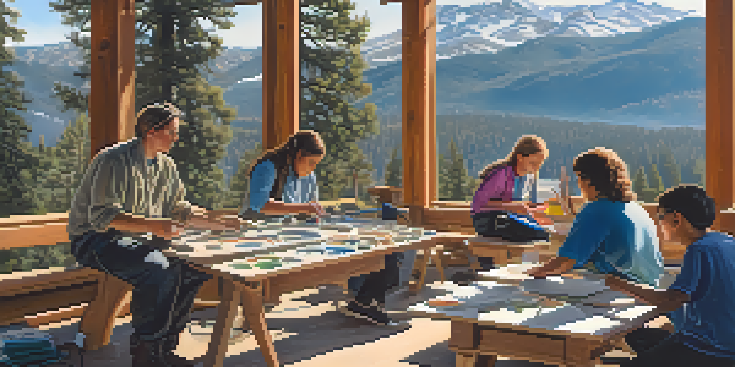 A mountain landscape with students sculpting in clay under sunlight, surrounded by trees and mountains.