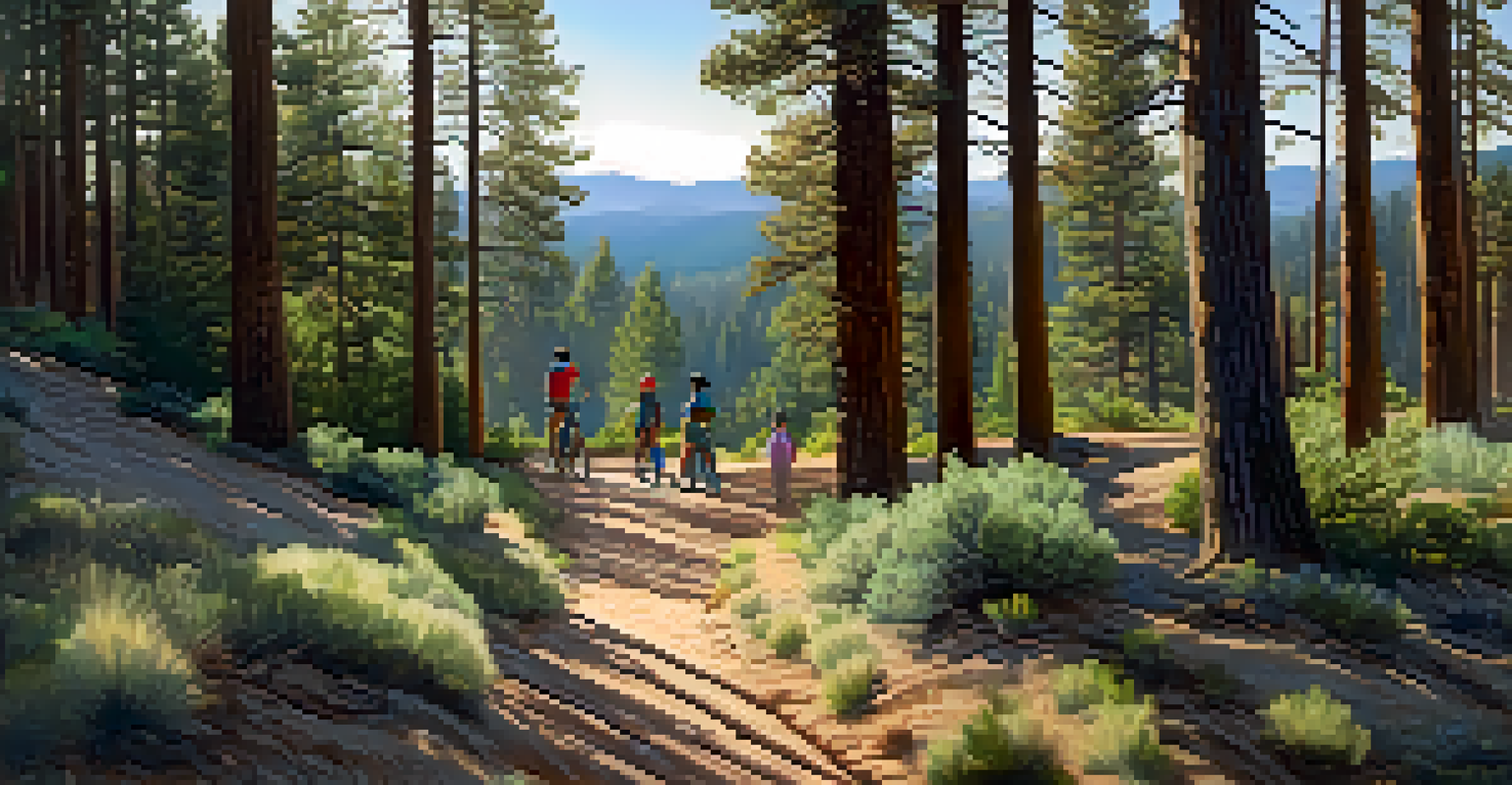 A family biking on a dirt trail surrounded by tall pine trees, with sunlight filtering through the branches.