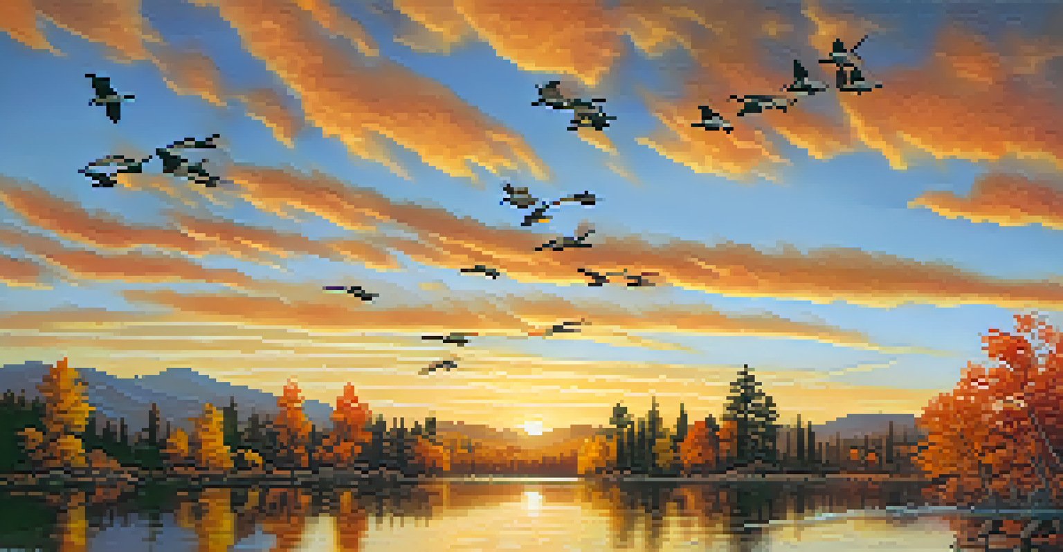 A flock of Canada geese flying in formation against a vibrant autumn sunset in Big Bear.