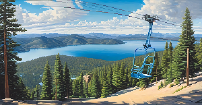A summer view from Snow Summit with lush greenery, Big Bear Lake, and a chairlift in the foreground against a blue sky.