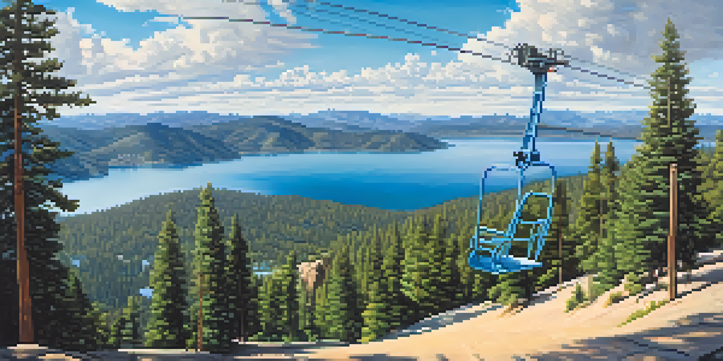 A summer view from Snow Summit with lush greenery, Big Bear Lake, and a chairlift in the foreground against a blue sky.