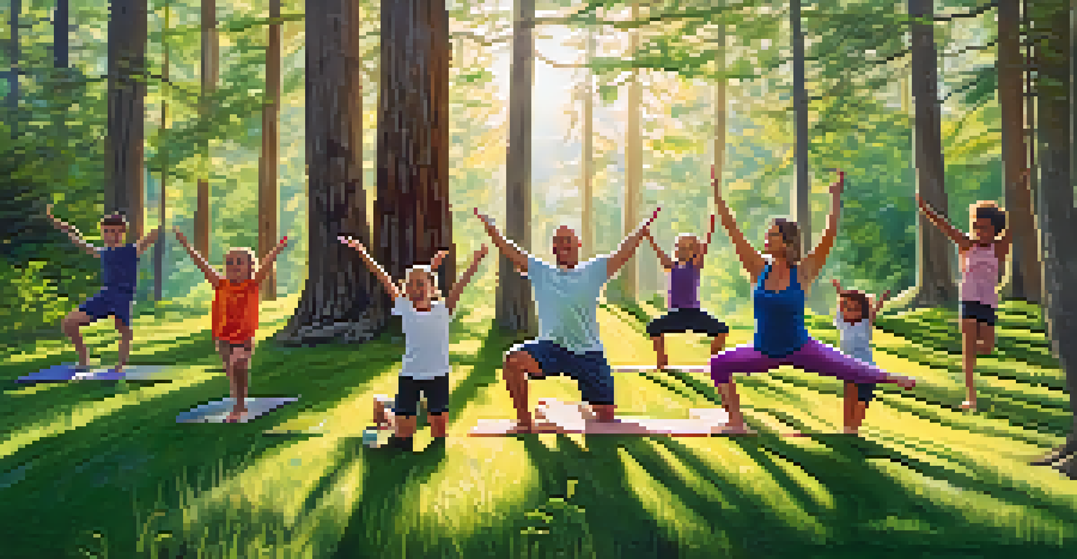 A family engaging in a fun outdoor yoga class in a green forest, with children and adults practicing various poses together.