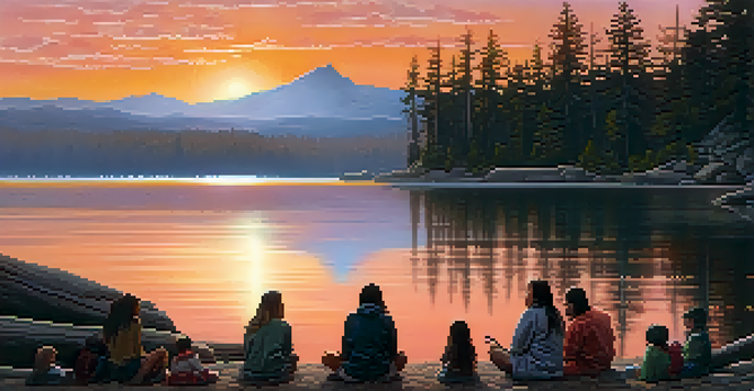 A Native American storyteller sits by a campfire, sharing stories with children as the sun rises over Big Bear Lake, surrounded by mist and mountains.