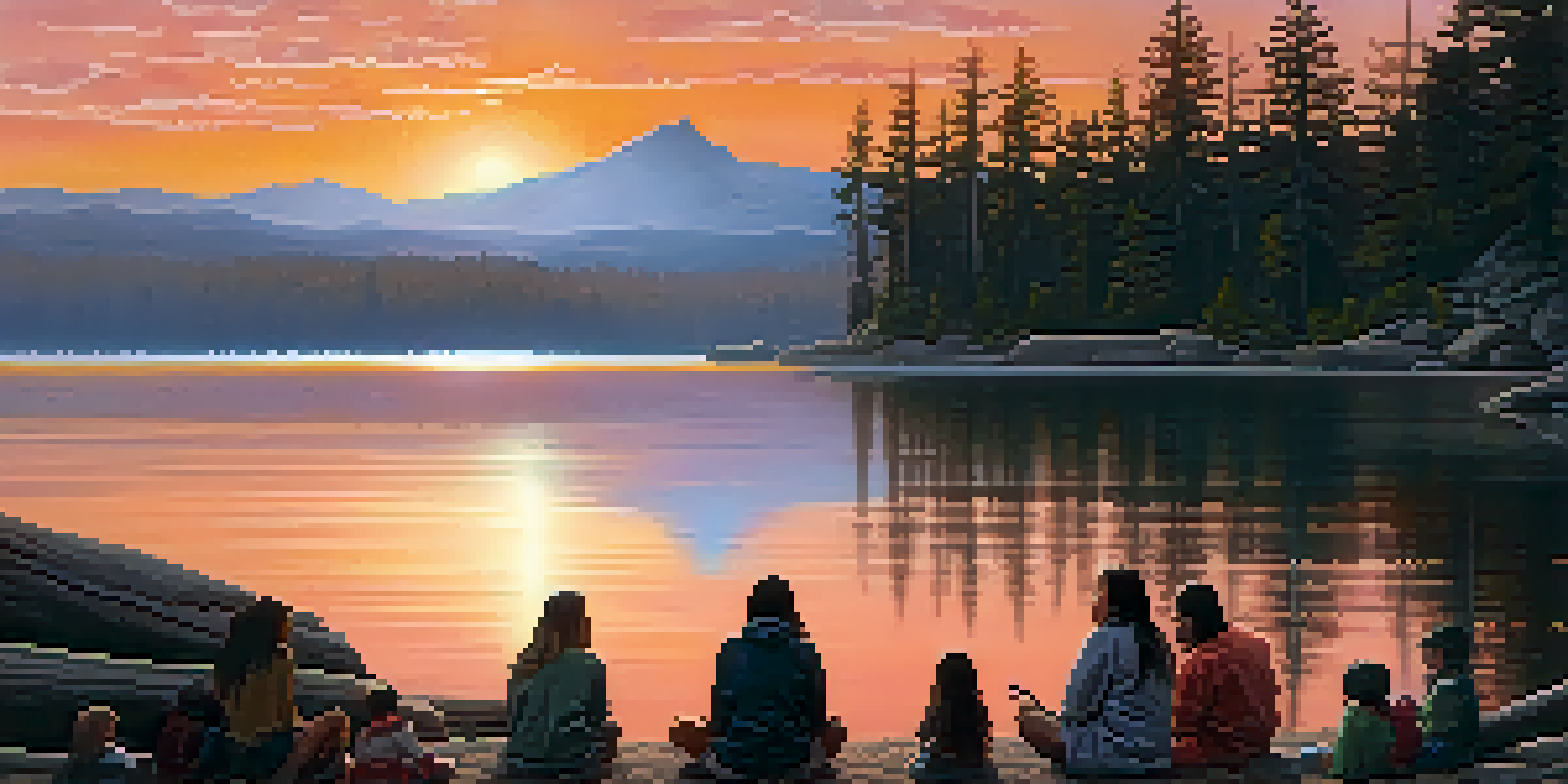 A Native American storyteller sits by a campfire, sharing stories with children as the sun rises over Big Bear Lake, surrounded by mist and mountains.