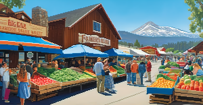 A bustling farmers' market with fresh produce and handmade goods set against a mountain backdrop.
