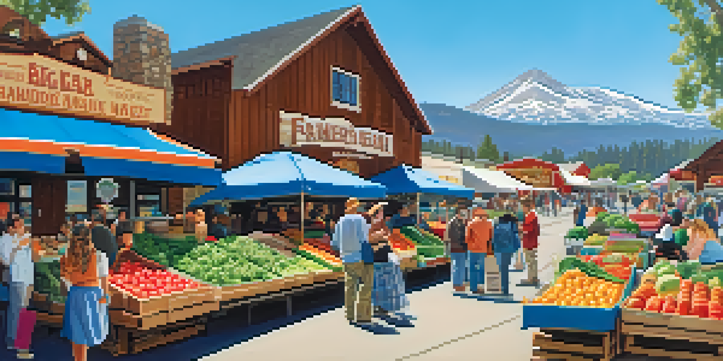 A bustling farmers' market with fresh produce and handmade goods set against a mountain backdrop.