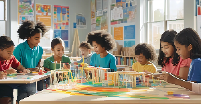 A classroom filled with children collaborating on a STEM project, building a bridge and working with a robot, surrounded by colorful educational materials.