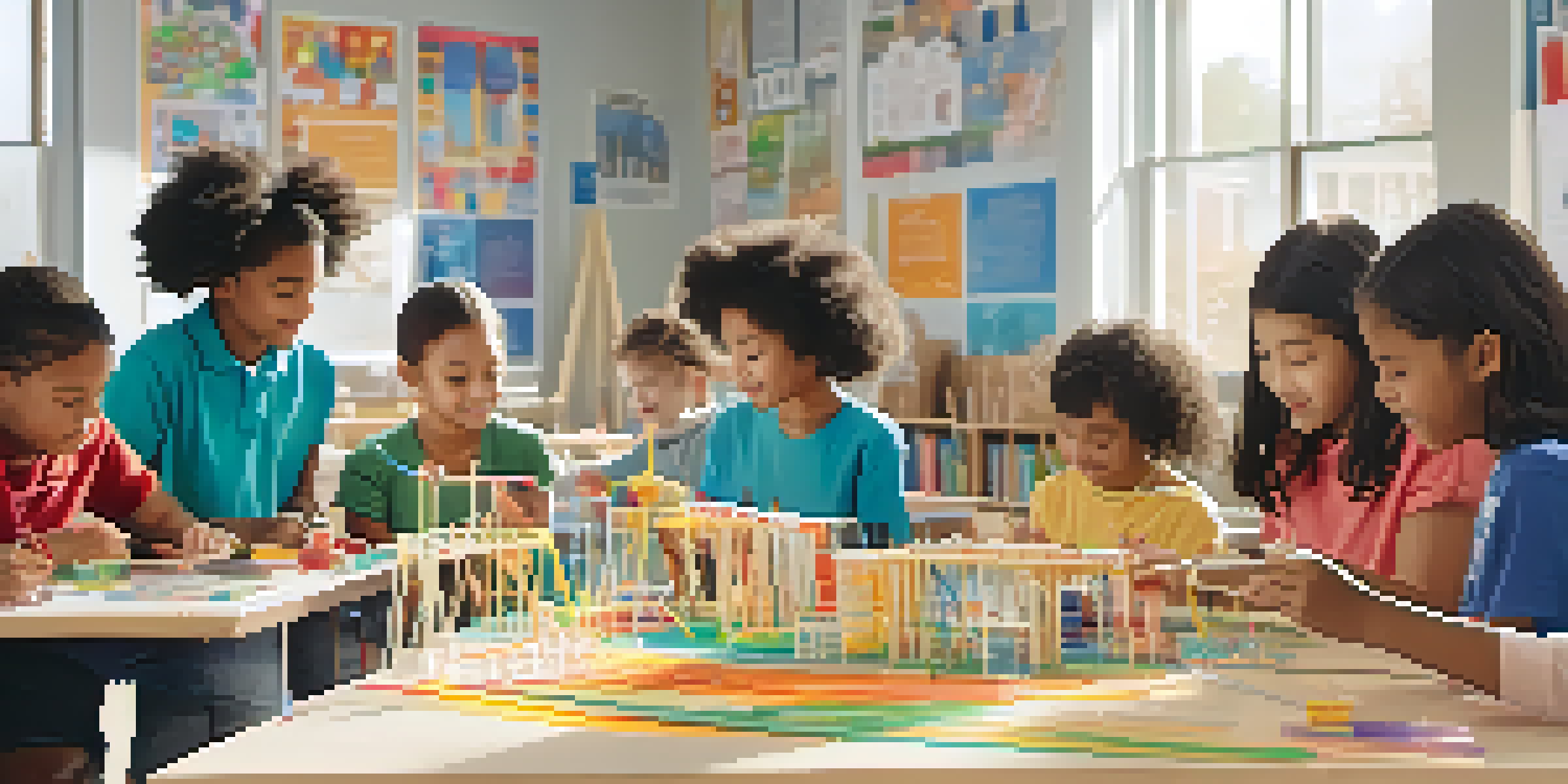 A classroom filled with children collaborating on a STEM project, building a bridge and working with a robot, surrounded by colorful educational materials.