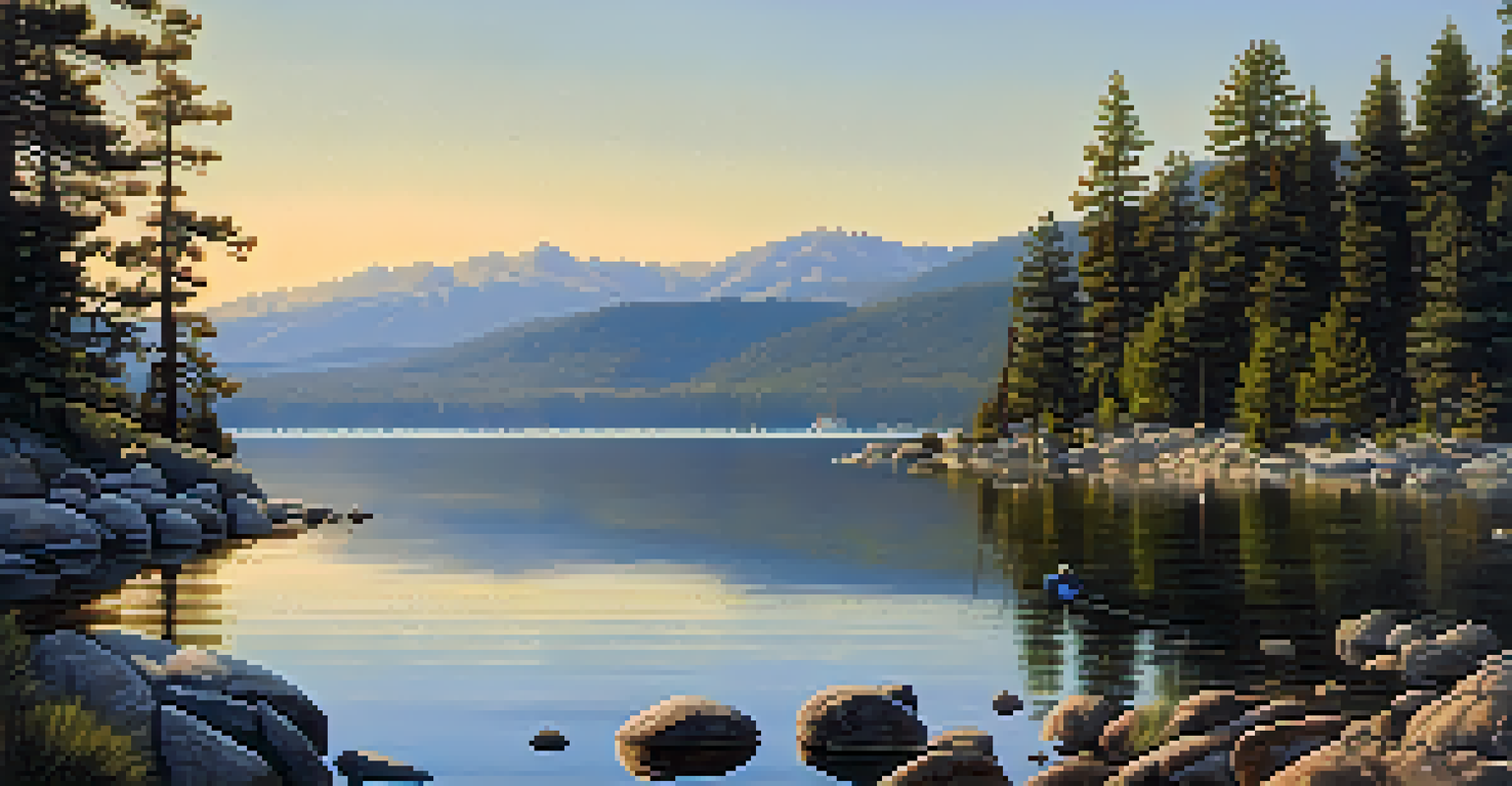 An angler on a rocky shore of Big Bear Lake at sunset, with boats on the water and lush trees around.