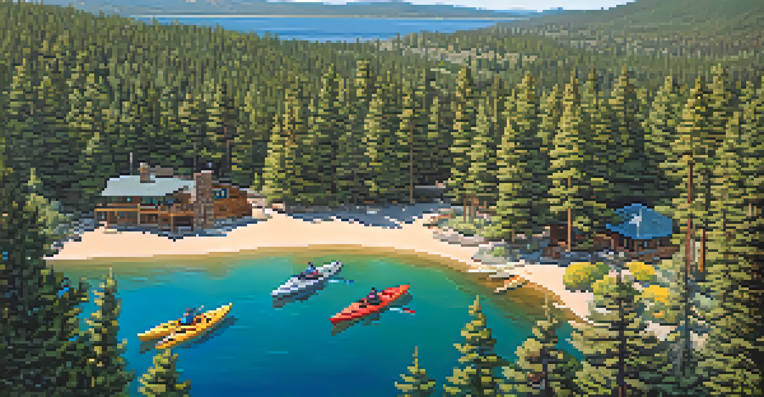 An aerial view of Big Bear Lake in summer, featuring colorful kayaks, lush green trails, and historic cabins by the shoreline, surrounded by wildflowers and sunlight.