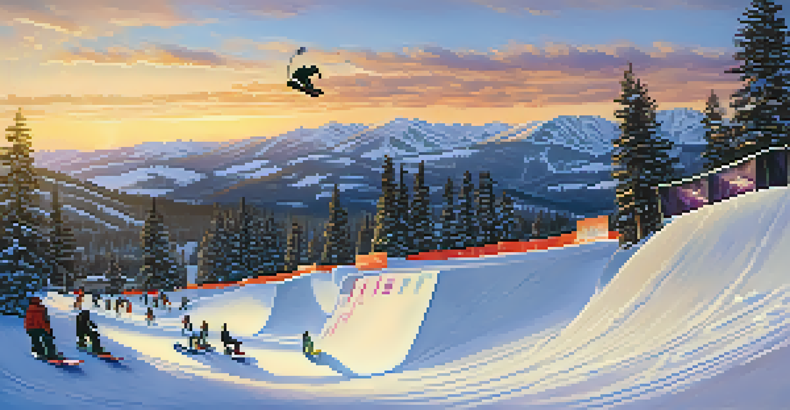 A panoramic view of a terrain park at Big Bear Resorts with snowboarders practicing tricks during sunset.