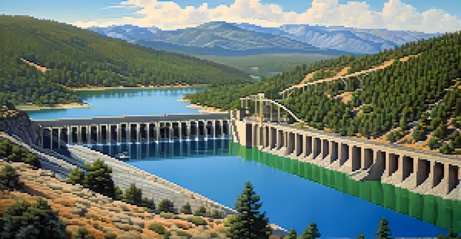 The historic Big Bear Lake Dam viewed from above with water cascading, surrounded by green trees and mountains under a blue sky.