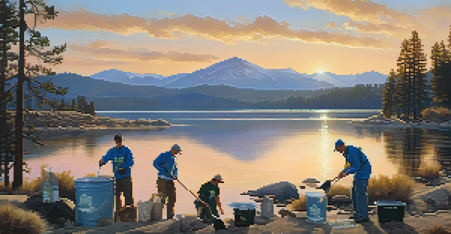 Volunteers participating in an environmental cleanup along a tranquil lake in Big Bear, with mountains and a sunset in the background.