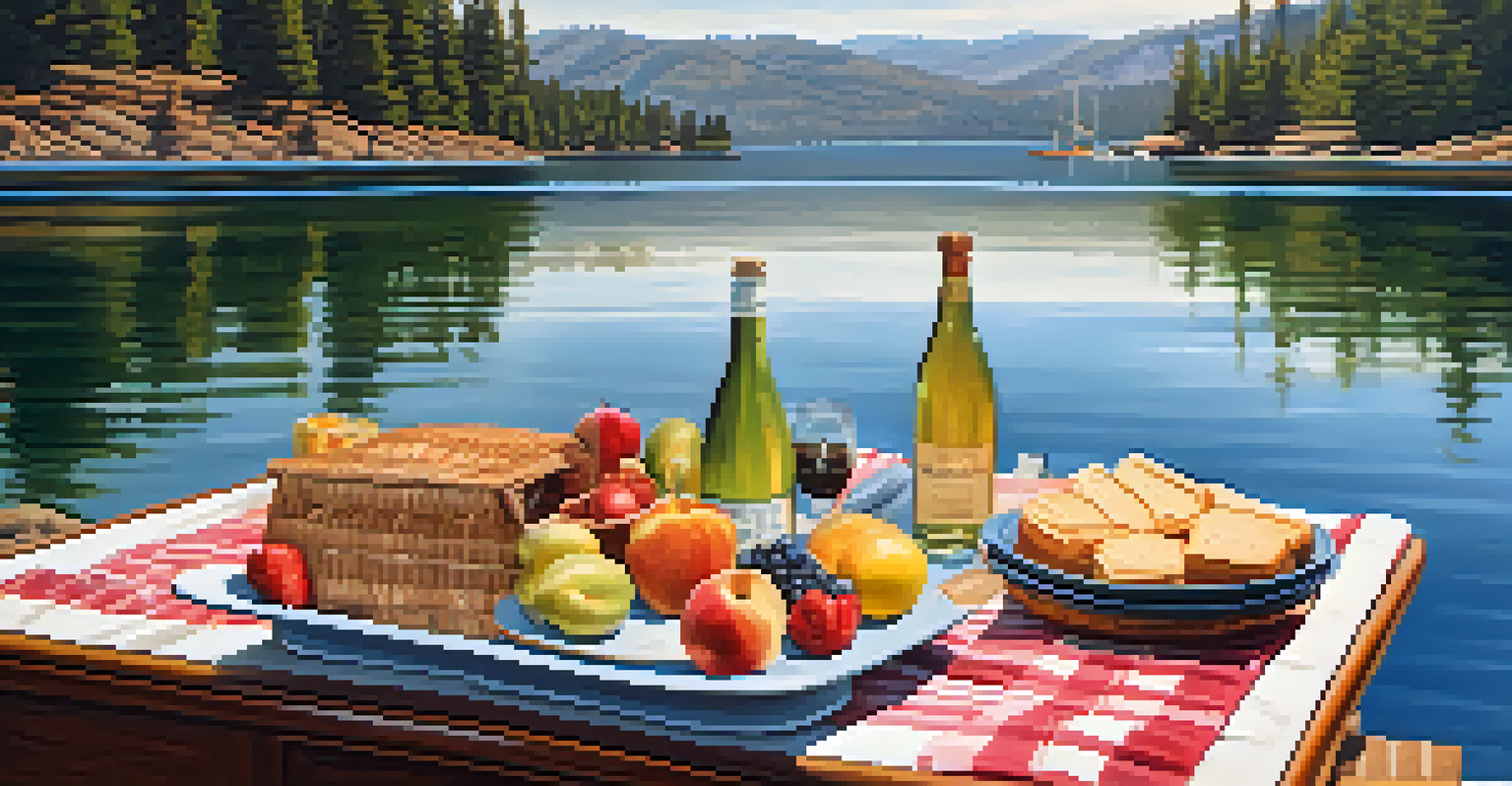 A romantic picnic on a boat with food and drinks on Big Bear Lake, surrounded by mountains.