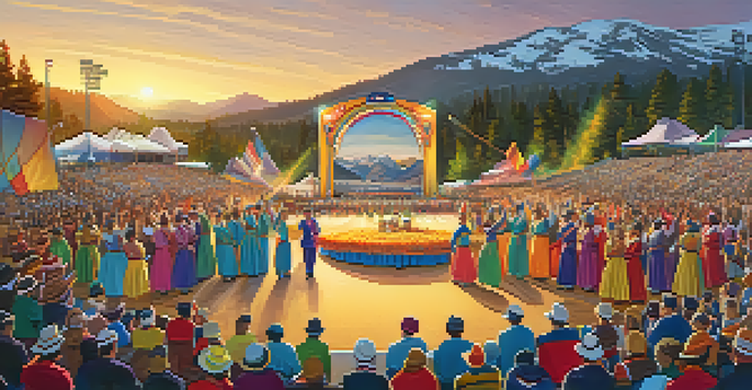 A lively opening ceremony with performers in colorful costumes and mountains in the background, filled with an energetic crowd.