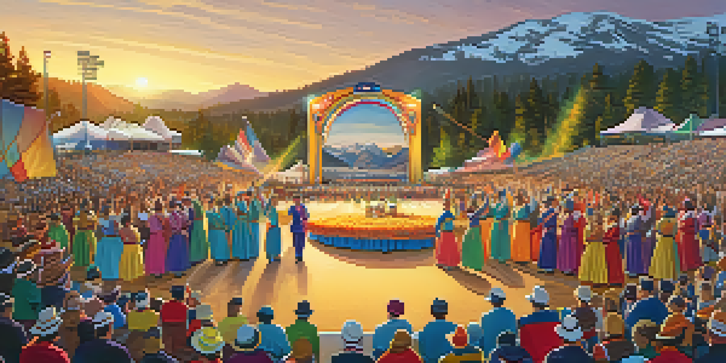 A lively opening ceremony with performers in colorful costumes and mountains in the background, filled with an energetic crowd.
