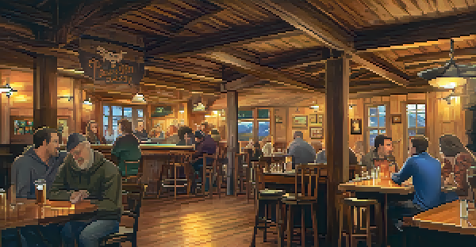 Interior of a cozy tavern with wooden decor and patrons enjoying drinks and live music.