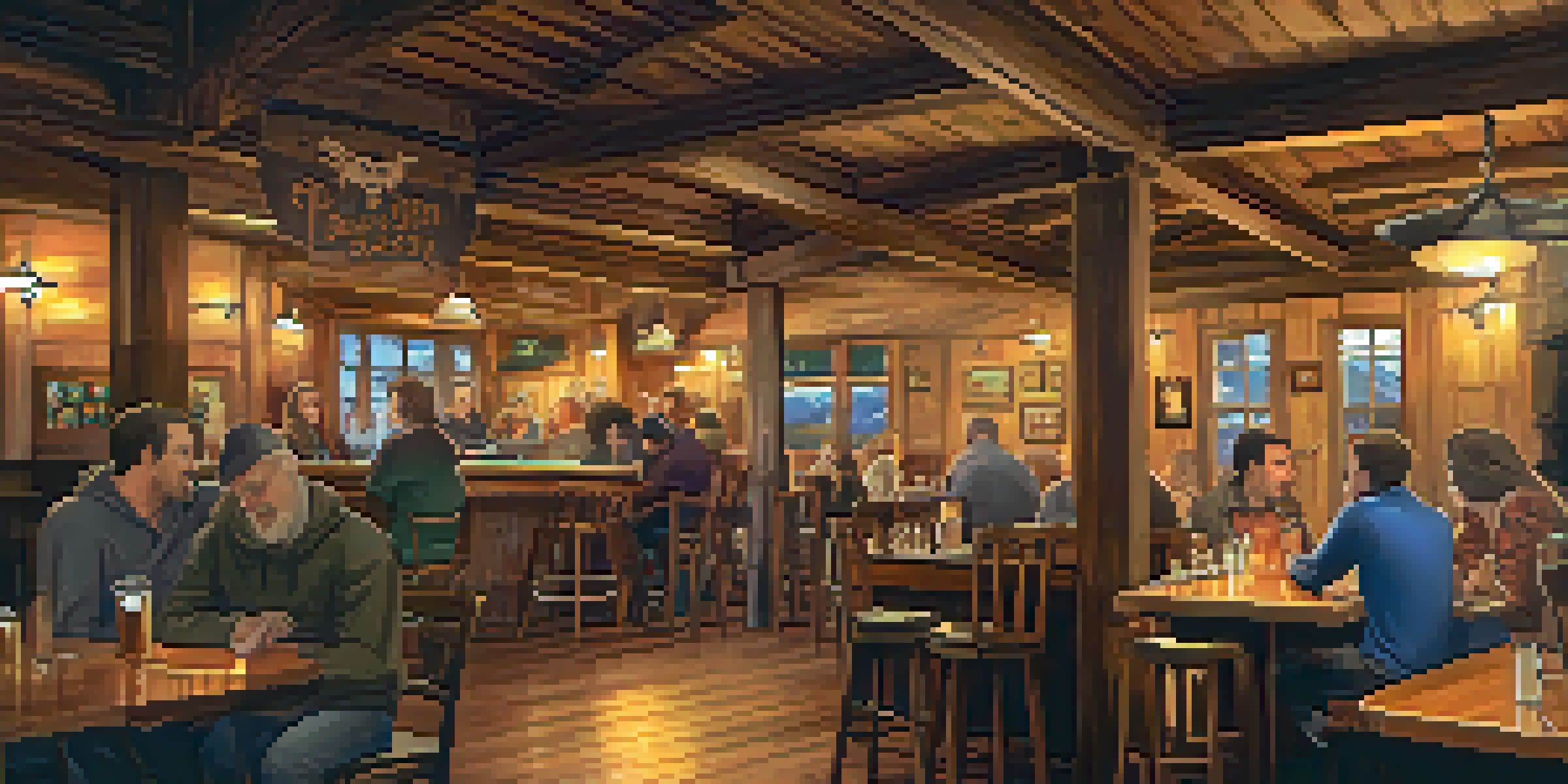 Interior of a cozy tavern with wooden decor and patrons enjoying drinks and live music.