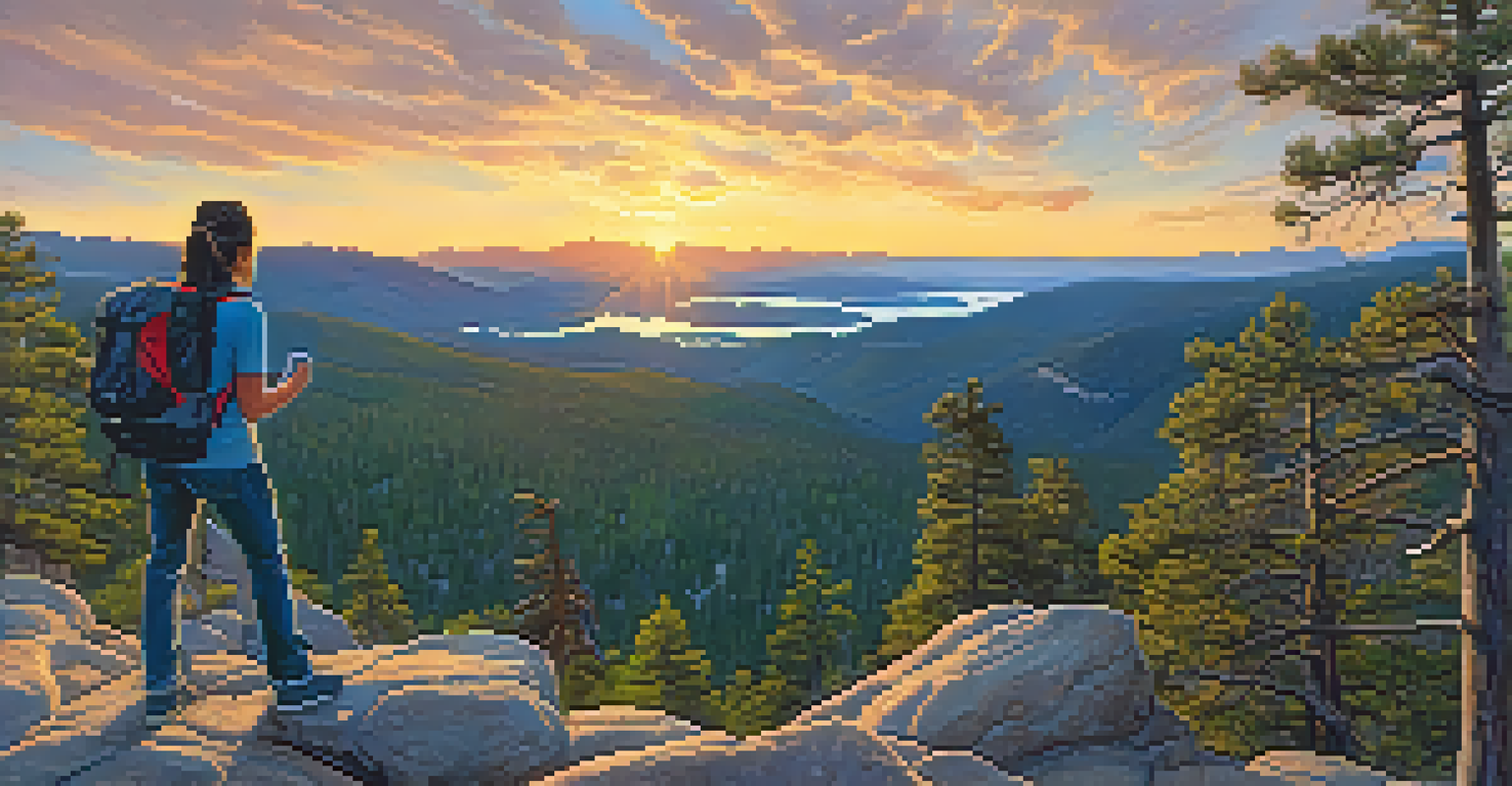 A hiker at the summit of Castle Rock enjoying a stunning sunset over Big Bear Lake, with vibrant colors in the sky and lush forest surroundings.