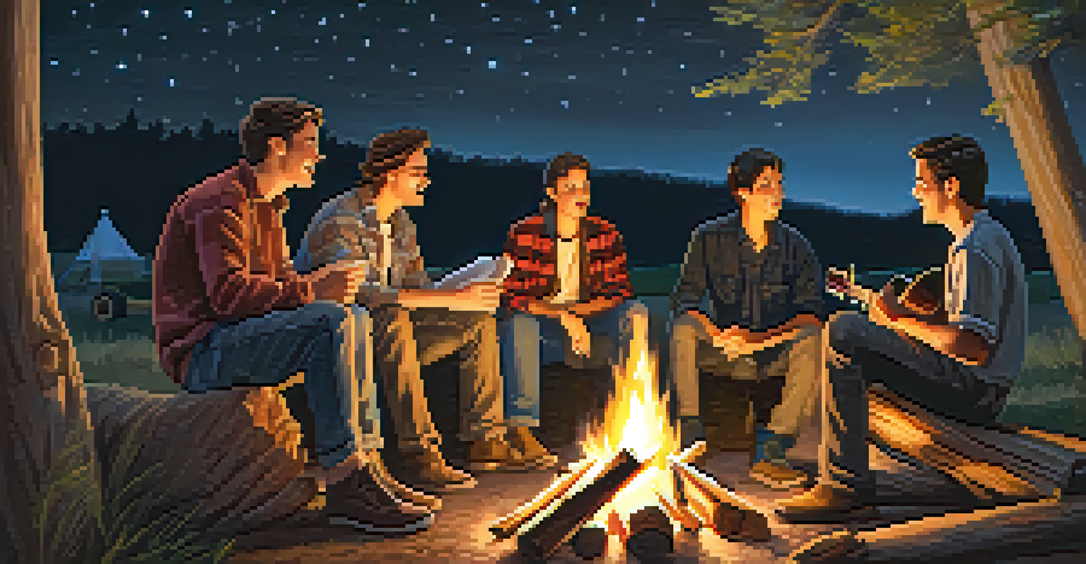 A group of friends around a campfire at night, sharing stories and laughter under a starry sky.