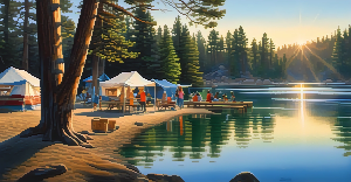 A serene lakeside campground with families enjoying the outdoors, surrounded by trees and reflecting water.