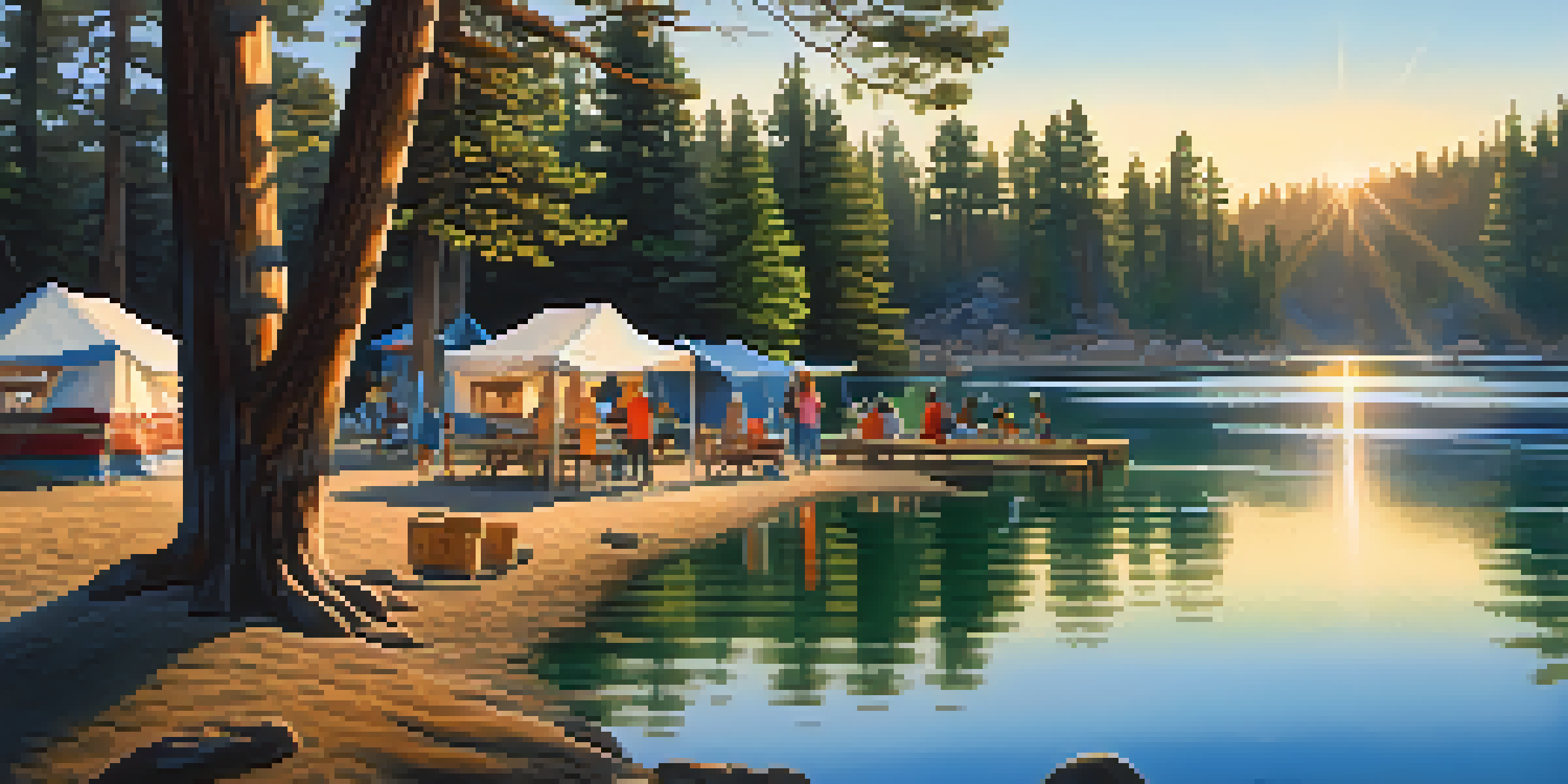 A serene lakeside campground with families enjoying the outdoors, surrounded by trees and reflecting water.