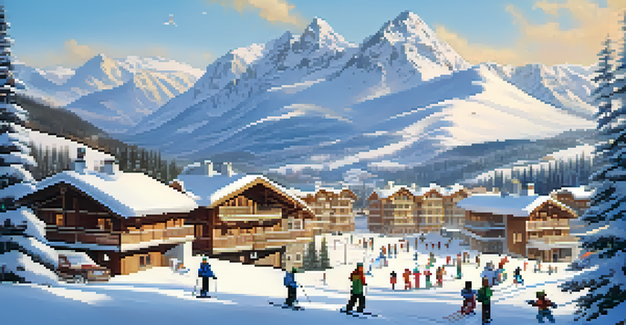 A serene winter scene at a ski resort with skiers on gentle slopes and cozy wooden chalets in a snowy landscape.