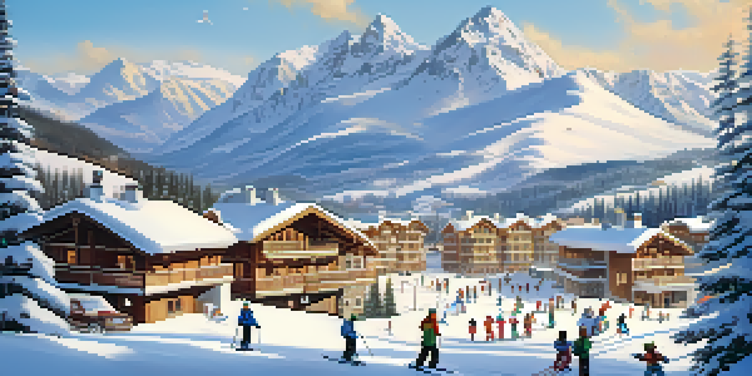 A serene winter scene at a ski resort with skiers on gentle slopes and cozy wooden chalets in a snowy landscape.