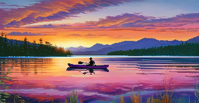 A tranquil sunset over Big Bear Lake with a kayak in the foreground and mountains in the background.